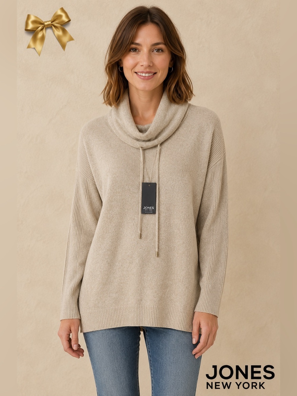 Jones New York Beige Heathered Cowl Neck Sweater Size Small